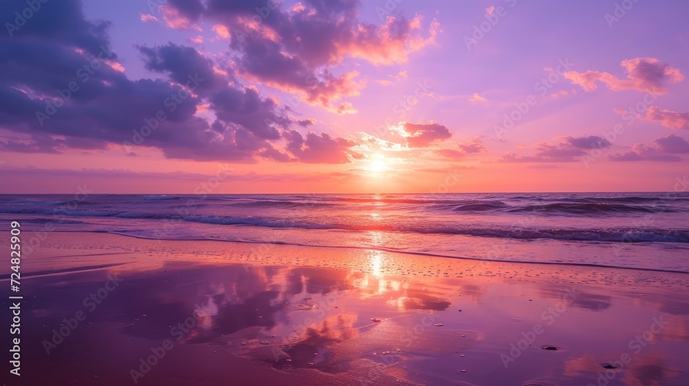 purple sunset on a wide beach , stock photo