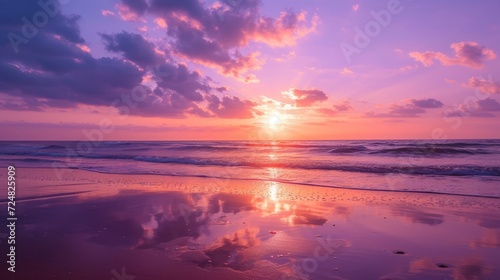 purple sunset on a wide beach , stock photo