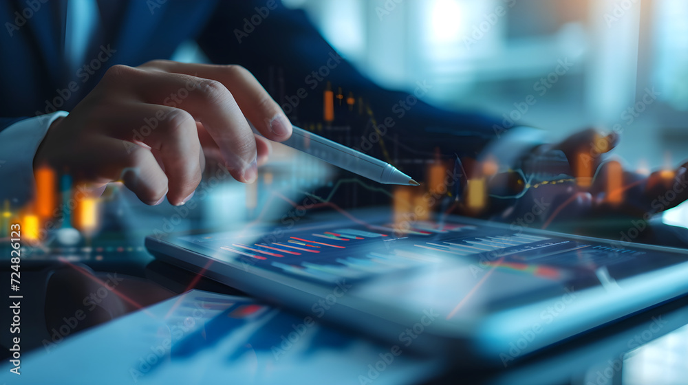 Business analytics and financial technology concept. Businessman analysing financial graph growth chart, using digital tablet, working at office, business and financial background