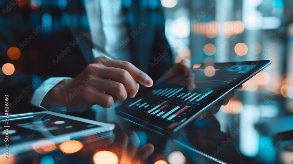 Business analytics and financial technology concept. Businessman analysing financial graph growth chart, using digital tablet, working at office, business and financial background Business analytics and financial technology concept. Businessman analysing financial graph growth chart, using digital tablet, working at office, business and financial background