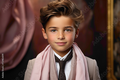 The soft hues complementing the elegance of a young Muslim boy in Shalwar Kameez against a subtle pink backdrop. photo