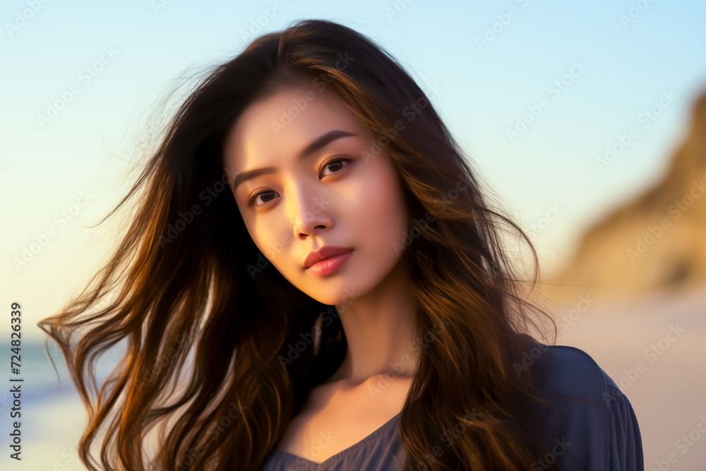 Portrait of young asian woman on the seashore. Confident beautiful woman posing for camera.