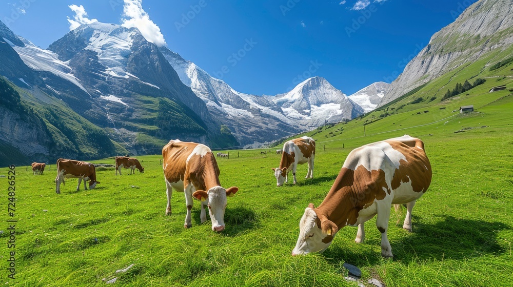 The Swiss Milk Cows eating green grass in the Alps, over the white snowing mountains, blue sky, sunny day