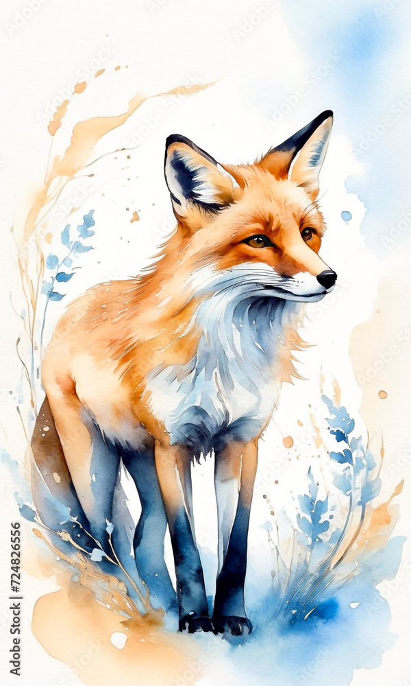 Watercolor painting of a red fox and blue and gold splashes, Good for postcards, poster, kid's room, book cover and canvas, Generative AI Watercolor painting of a red fox and blue and gold splashes, Good for postcards, poster, kid's room, book cover and canvas, Generative AI