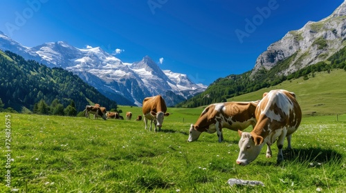 The Swiss Milk Cows eating green grass in the Alps, over the white snowing mountains, blue sky, sunny day