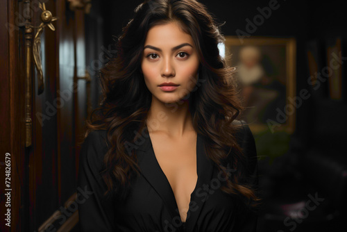 A portrait of timeless beauty as the Filipina beauty poses in a tailored blazer and elegant dress against a solid background, epitomizing style.