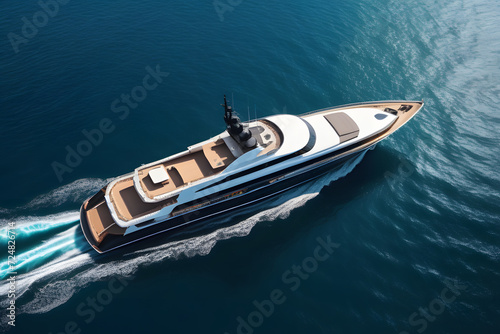Modern luxury yacht with a sleek design cruising on the open water, isolated on a blue background. © D