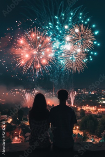 An entranced couple stands at an overlook admiring the bursting fireworks illuminating the urban night sky