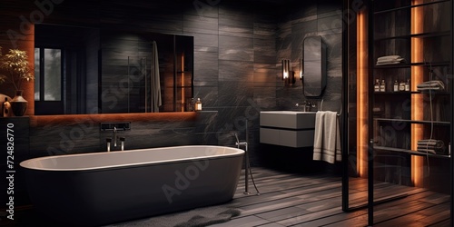 a modern luxurious black bathroom with a white tub and a sink with modern orange lights