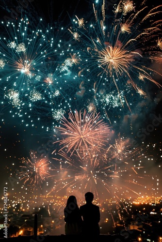Silhouette of a couple against a spectacular display of fireworks illuminating the night sky