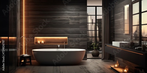a modern luxurious black bathroom with a white tub and a sink with modern orange lights