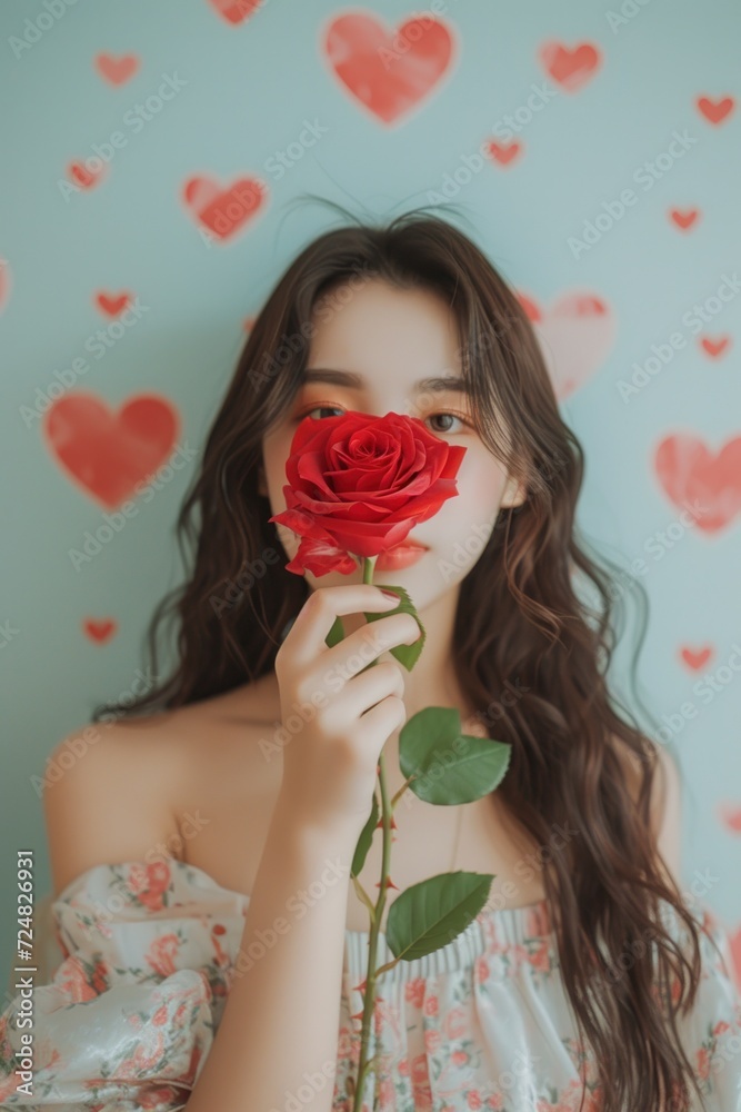 Portrait of a mysterious woman partially concealed by a red rose, evoking intrigue and sensuality Portrait of a mysterious woman partially concealed by a red rose, evoking intrigue and sensuality