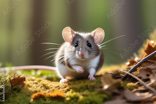 Close-up Photo of a Cute Mouse Sitting on a Mossy Rock in the Forest © D
