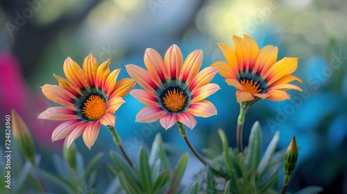 Three beautiful colorful indigenous South African Gazania flowers blooming in the garden with blue bokeh