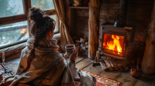 A woman wrapped in a warm blanket with a coffee by a snowy window with a fireplace glow, winter getaway © mashimara