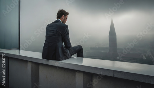 Solitary Figure Overlooking a Foggy Cityscape at Dawn. A person sits on a high ledge, lost in thought as a fog-enveloped city wakes below, with a spire piercing the haze
