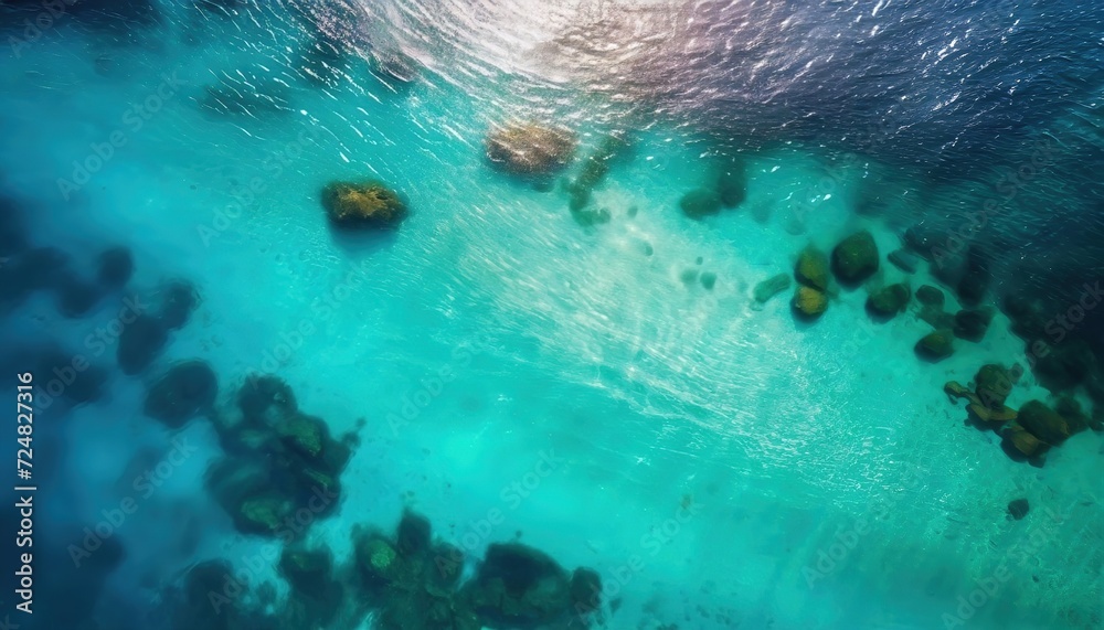 Aerial View of Coral Reef in Clear Blue Waters of Ocean. Sunlight filters through the surface, highlighting the underwater landscape.