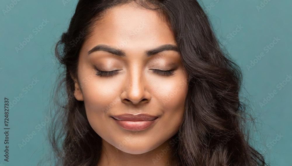 Tranquil Female with Closed Eyes. A serene woman with a gentle smile, her eyes closed in a peaceful expression, against a soft blue background Tranquil Female with Closed Eyes. A serene woman with a gentle smile, her eyes closed in a peaceful expression, against a soft blue background