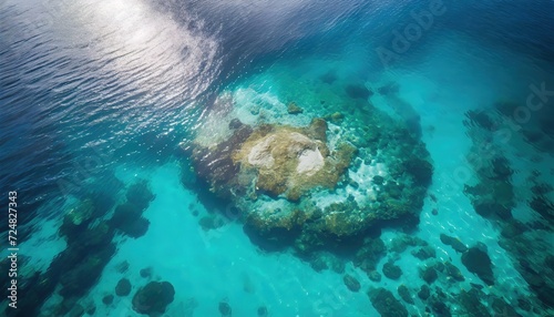 Underwater Paradise in Tropical Waters. An aerial view of a vibrant coral reef surrounded by crystal clear blue water, teeming with marine life and natural beauty