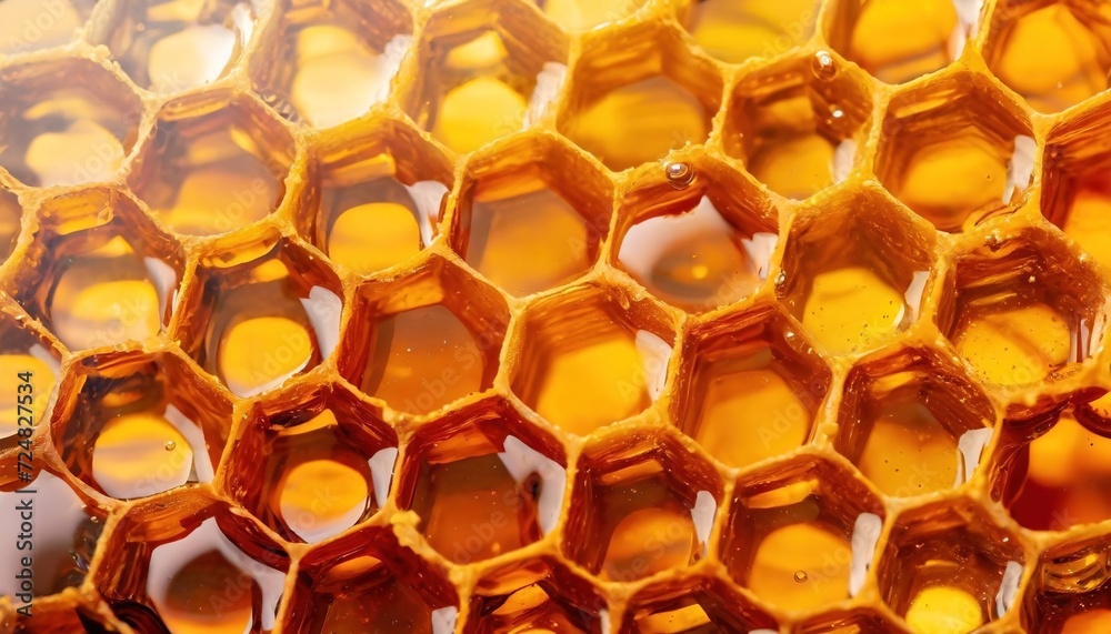 Close-up of golden honey dripping from a spoon onto honeycomb. A viscous, amber liquid flows elegantly in a controlled drizzle, reflecting light