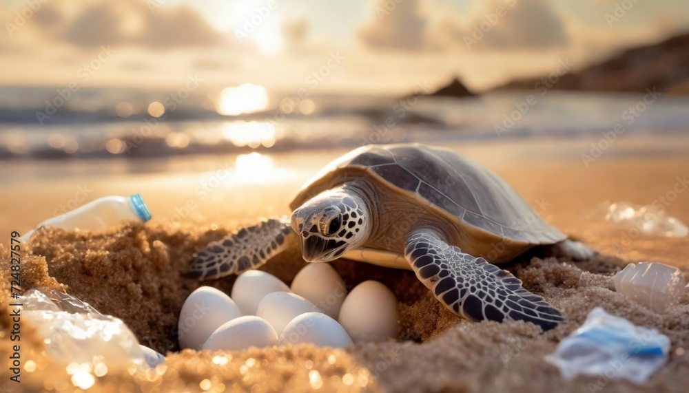 Sea Turtle Nesting on a Polluted Beach at Sunset. A sea turtle is seen ...