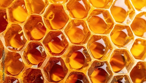 Close-up of honeycomb cells filled with honey. Macro view of a beehive's hexagonal pattern with golden honey in each compartment