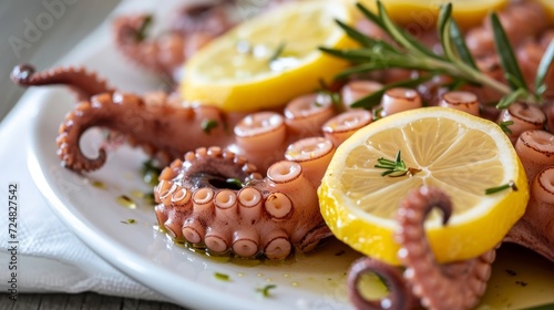 Grilled octopus with lemon and rosemary on a white plate.