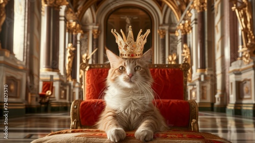 A royal fluffy cat with sits regally on a golden throne, crowned, in a luxurious, sunlit palace hall.
