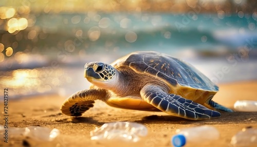Sea turtle crawling on sandy beach with ocean in background. A solitary turtle makes its way across the beach with water reflections