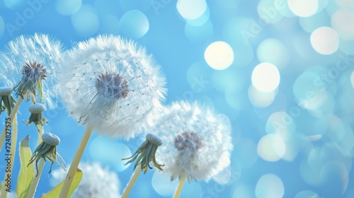 white dandelions close up view  over blue sky   blue bokeh background