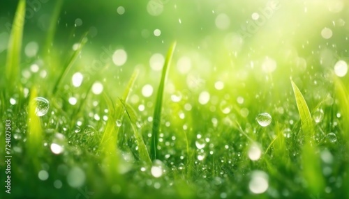 Dew on fresh green grass under a bright light. Water droplets glisten on blades of grass, illuminated by sunlight