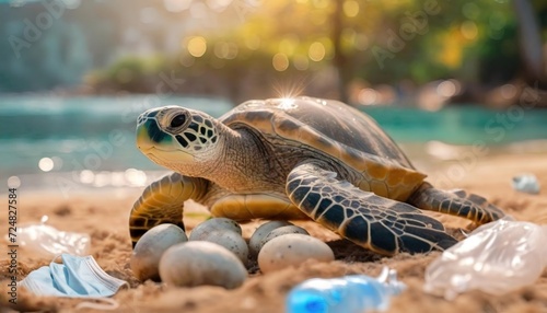 Sea turtle on a sandy beach with eggs surrounded by plastic waste. A turtle near its eggs on a littered shore, highlighting environmental concerns