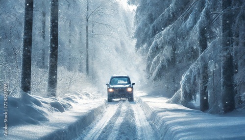 Vehicle traverses snowy road through dense forest in daylight. Travel through a white winter woodland with a single car