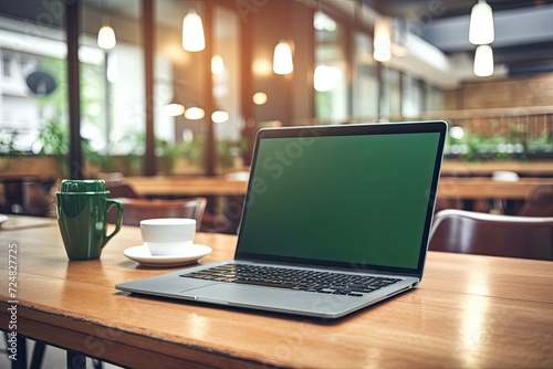 Green screen mockup of a laptop on a wooden table. within a coffee shop © Vusal