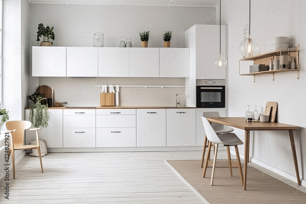 Rental apartments, newly renovated homes in a basic, Scandinavian design, or houses or flats for sale. Simple interior with morning light, light wall, and white furniture with utensils - obrazy, fototapety, plakaty 