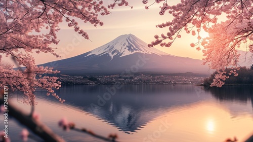 A horizontal landscape photograph capturing the beautiful bloom of cherry blossoms in Japan, with majestic Mt. Fuji in the background. Generative AI. © taelefoto