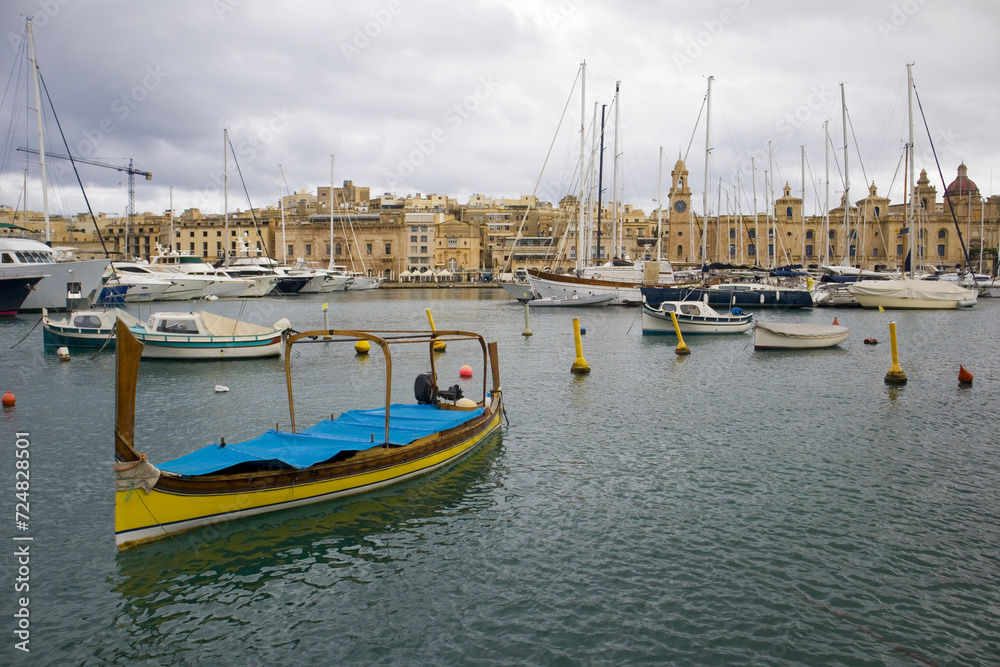 View of downtown and marina in Birgu, Malta