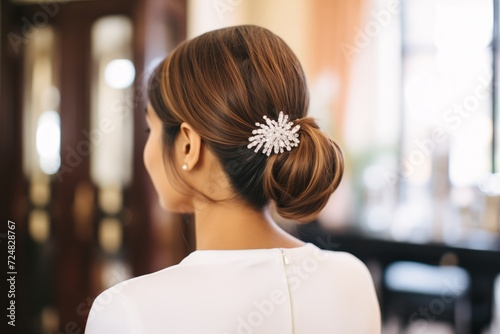 elegant hair bun with a crystalencrusted hairpin photo