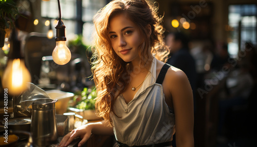 Young woman smiling, holding a drink outdoors generated by AI