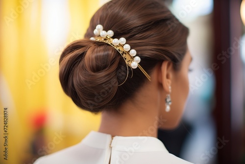 closeup of a hairpin with pearls in a braided updo