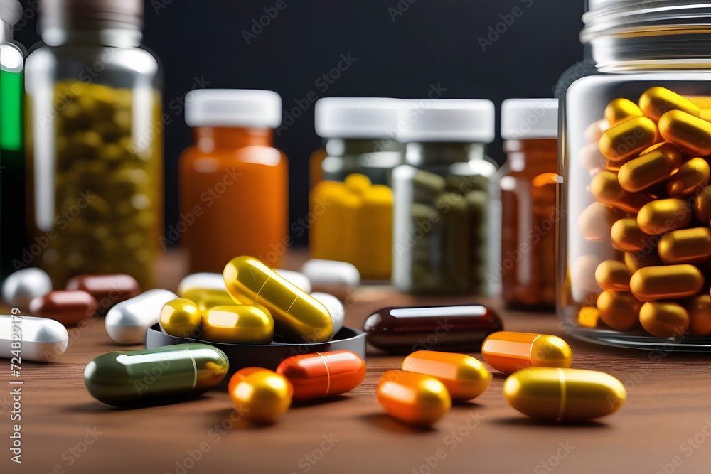 Close-up of Various Colorful Pills and Capsules Spilled from Prescription Bottles on Wooden Table Close-up of Various Colorful Pills and Capsules Spilled from Prescription Bottles on Wooden Table