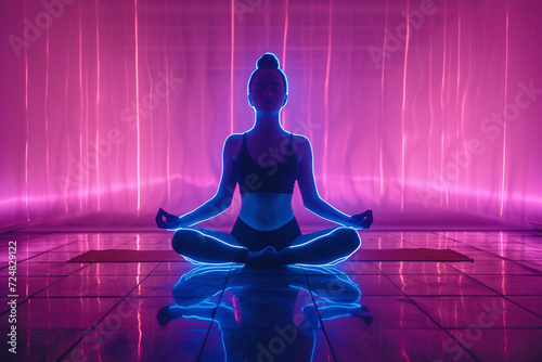 Serene woman practicing yoga in lotus position surrounded by vibrant pink and purple neon lights