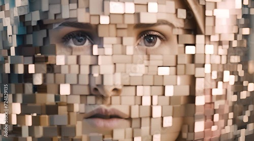 viso di donna fatto di tessere di mosaico dorate che si muovono,  occhi che si chiudono, immagine surreale , futuro , intelligenza anrtificiale photo