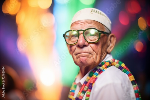 senior in funky glasses amidst laser light show
