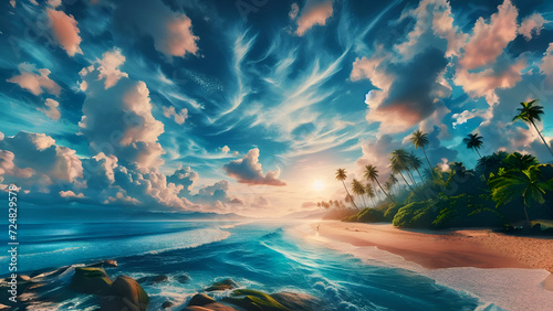 Sunset over the serene sea with majestic mountains where the sky meets the ocean, creating a beautiful landscape under the warm summer sun adorned with fluffy clouds and reflecting the abstract beau
