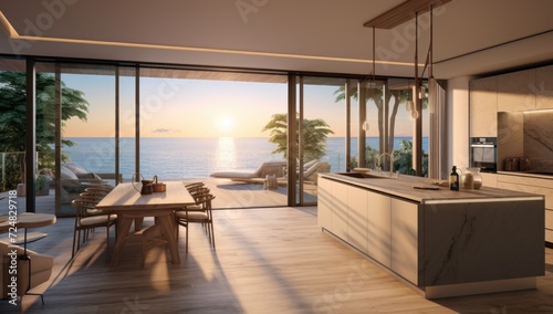 view of a beach with palm trees and ocean during sunlight in the morning from a modern and white kitchen room interior © usman