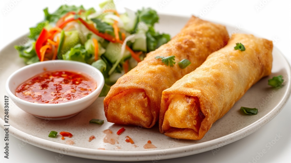 Delicious Chinese fried spring roll on a plate with a red dipping sauce and salad. food photography Delicious Chinese fried spring roll on a plate with a red dipping sauce and salad. food photography