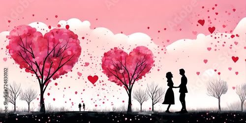 video di amore e gentilezza, silhouette di coppia in parco surreale fatto di alberi di cuori rosa e foglie di cuori, cielo rosa con nuvole bianche  photo