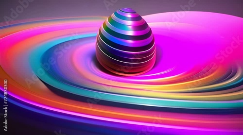 Animazione di rendering 3d di sfera o pallina metallizzata che ruota su se stessa, colori al neon, senso di calma e fluidità photo