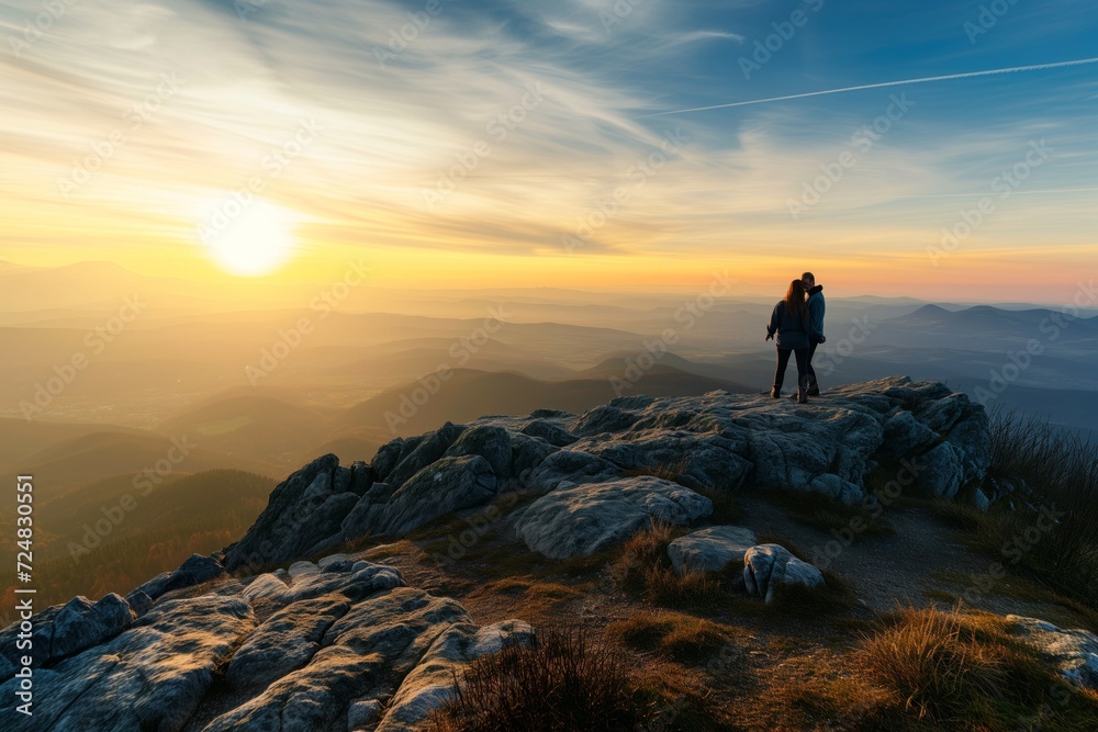 couple on a mountain top with a sunrise view